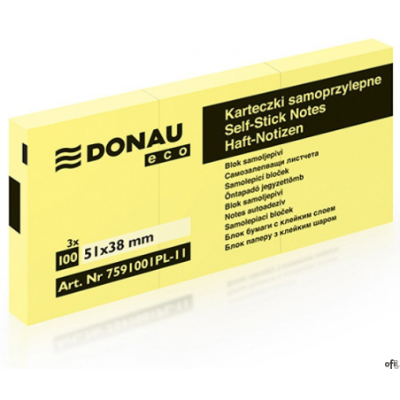Bloczki samoprzylepne ECO (3szt x 100 ) karteczek jasnożółte 38x51 7591001PL-11 DONAU