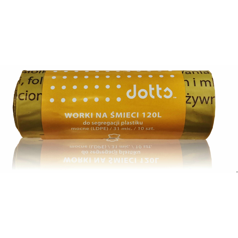 Worki na śmieci 120l 10szt., DOTTS, do segregacji plastiku, NADRUK, mocne (LDPE), 31mic., żółte