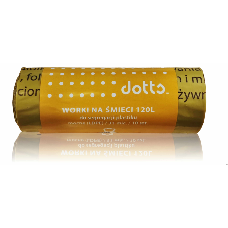 Worki na śmieci 120l 10szt., DOTTS, do segregacji plastiku, NADRUK, mocne (LDPE), 31mic., żółte
