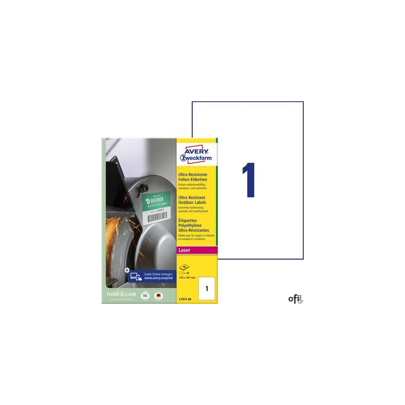 Etykiety polietylenowe ultra resistant, A4, 40 ark./op., 210x297mm, AVERY ZWECKFORM, L7917-40