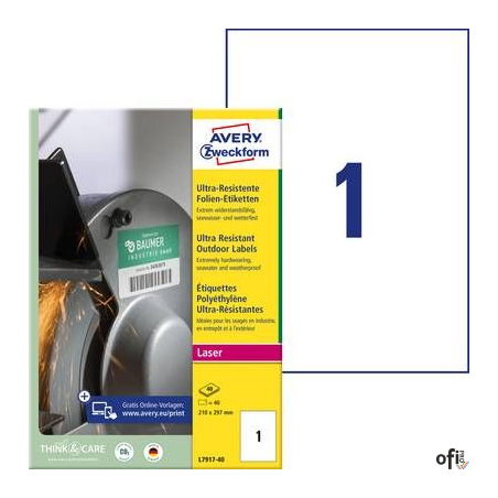 Etykiety polietylenowe ultra resistant, A4, 40 ark./op., 210x297mm, AVERY ZWECKFORM, L7917-40