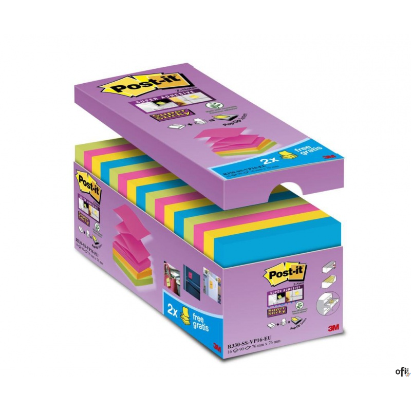 Bloczek samoprzylepny POST-IT Super sticky Z-Notes (R330-SS-VP16), 76x76mm, 14x90 kart., mix kolorów, 2 bloczki gratis