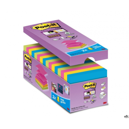 Bloczek samoprzylepny POST-IT Super sticky Z-Notes (R330-SS-VP16), 76x76mm, 14x90 kart., mix kolorów, 2 bloczki gratis
