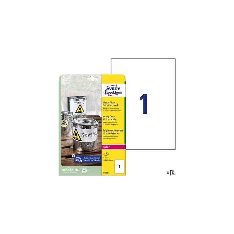 Etykiety Heavy Duty, A4, 8 ark./op., 210 x 297 mm, białe, poliestrowe, AVERY ZWECKFORM, L4775-8 SALE