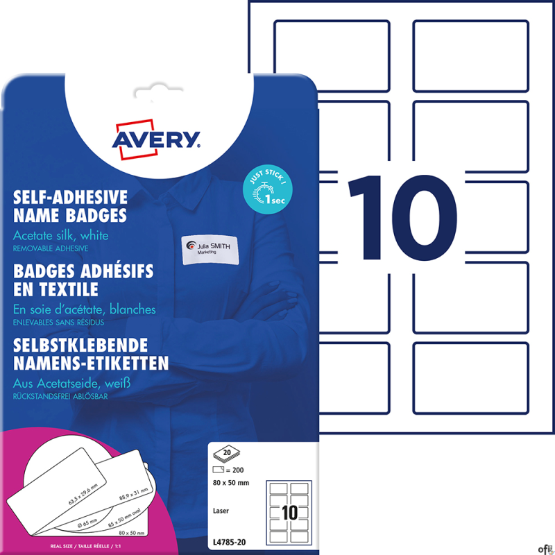 Samoprzylepne identyfikatory L4785-20 80x50 20ar Avery Zweckform, białe, sztuczny jedwab