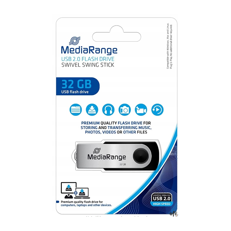 Pamięć Pendrive MediaRange 32GB USB 2.0, obracany, srebrno-czarny, MR911